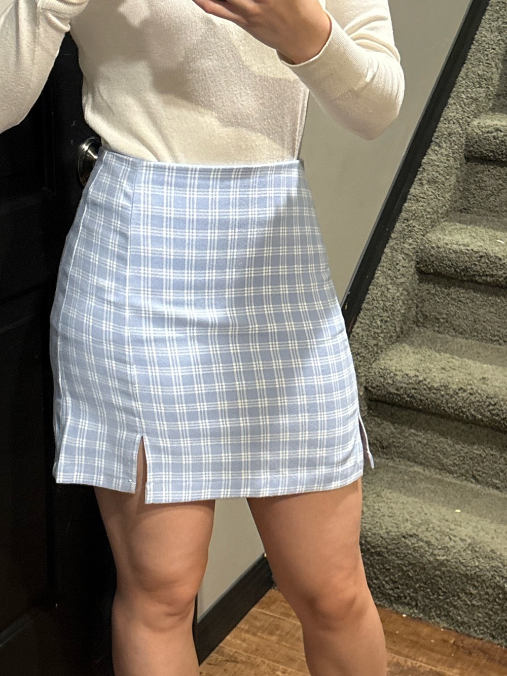 Blue Plaid Mini Skirt with Front Slits